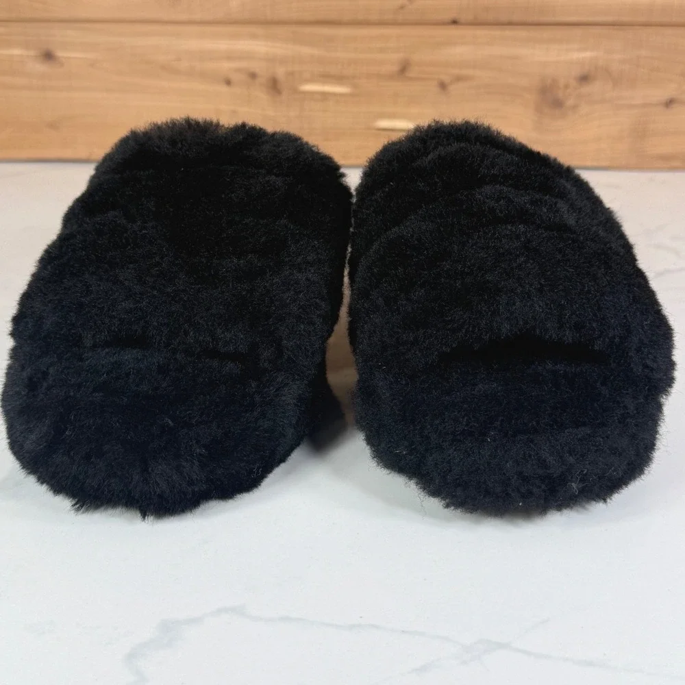 UGG Fluff Yeah Slide Black Sheepskin Elastic Backstrap Slippers Girl Size 1 Cozy